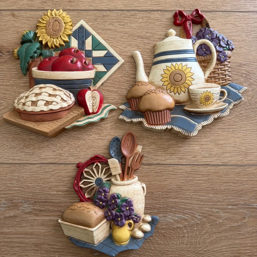 Vintage Home Interiors Kitchen Wall Plaques Set of 3 Sunflowers 1997 Cottagecore